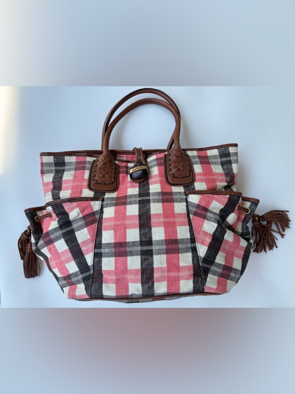 Vintage Juicy Couture Plaid Tote Bag Brown Leather Trim Tassels Y2K Preppy